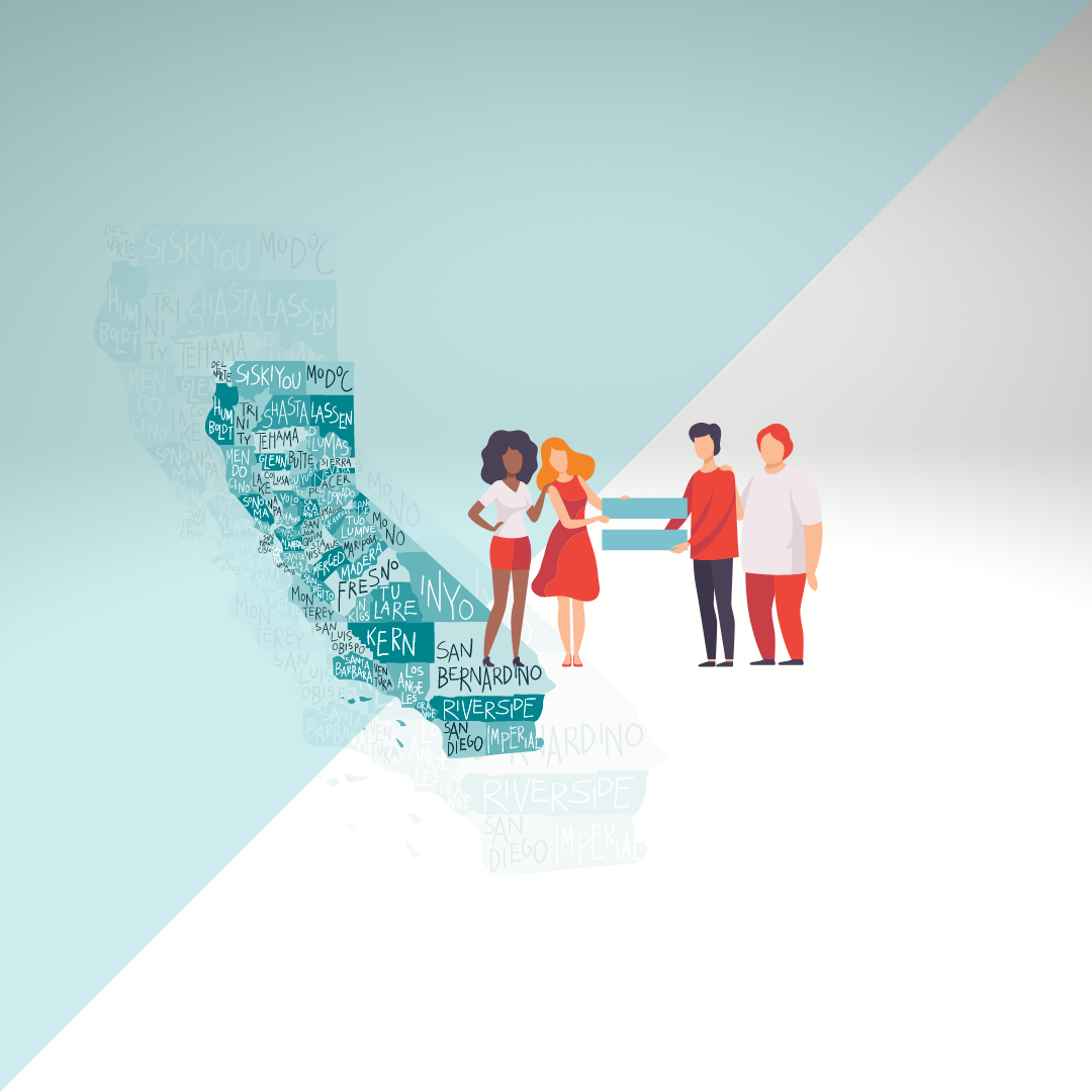 Image of people standing on a map of California to illustrate an article about whether California's new law SB 973 is a step towards lasting fair pay.