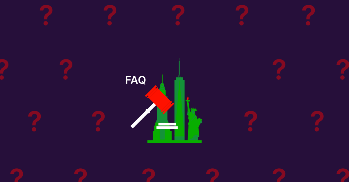 Illustration of a gavel on New York City buildings to represent New York City pay disclosure law. Text reads: FAQ.