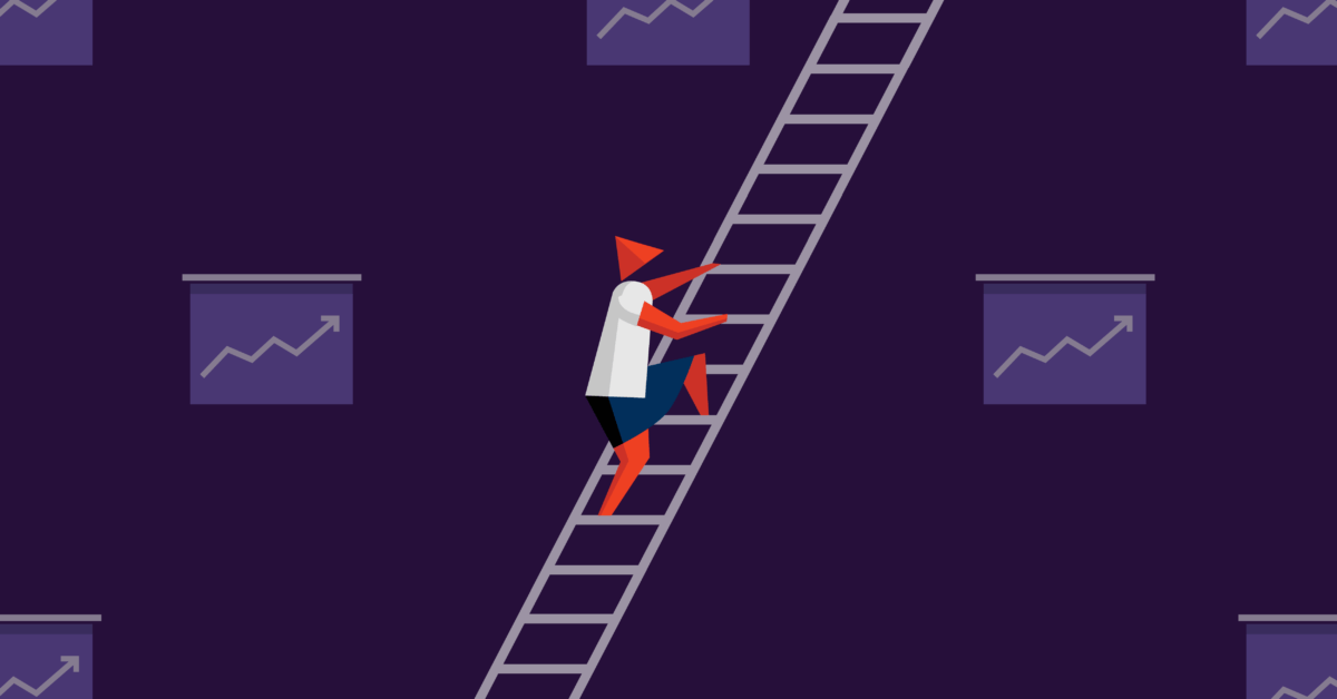 Illustration of a woman climbing a ladder to illustrate how women in the C-suite have made modest gains in 2022 census data.