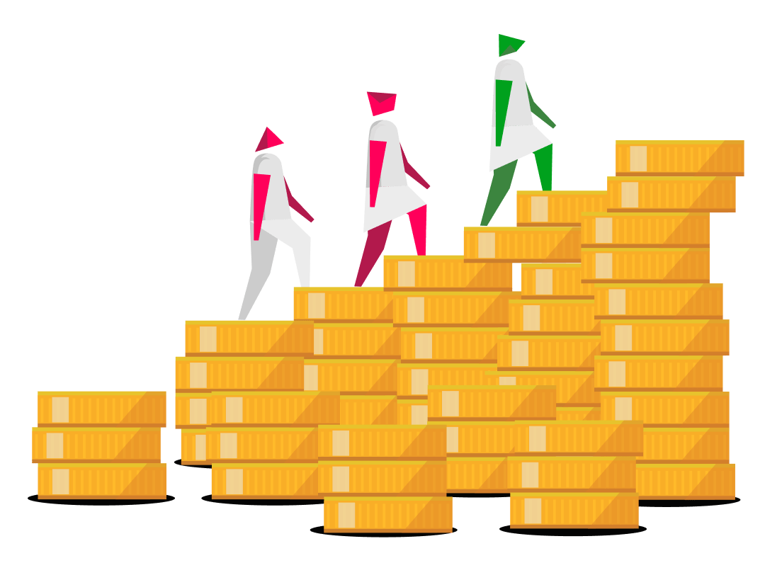 Illustrated mulitcolored people walking up a pile of money to represent equal pay