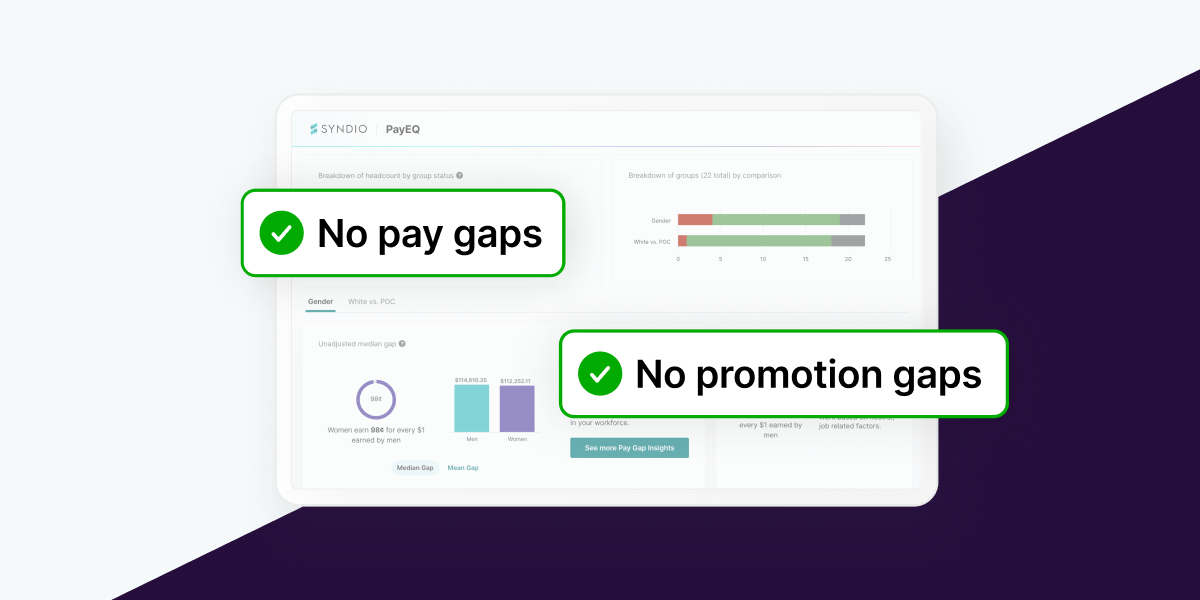 Image showing that Syndio's Workplace Equity Platform helps achieve no pay gaps and no promotion gaps.
