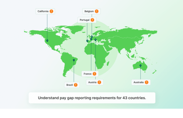 World map with caption. Understand pay gap reporting requirements for 43 countries.