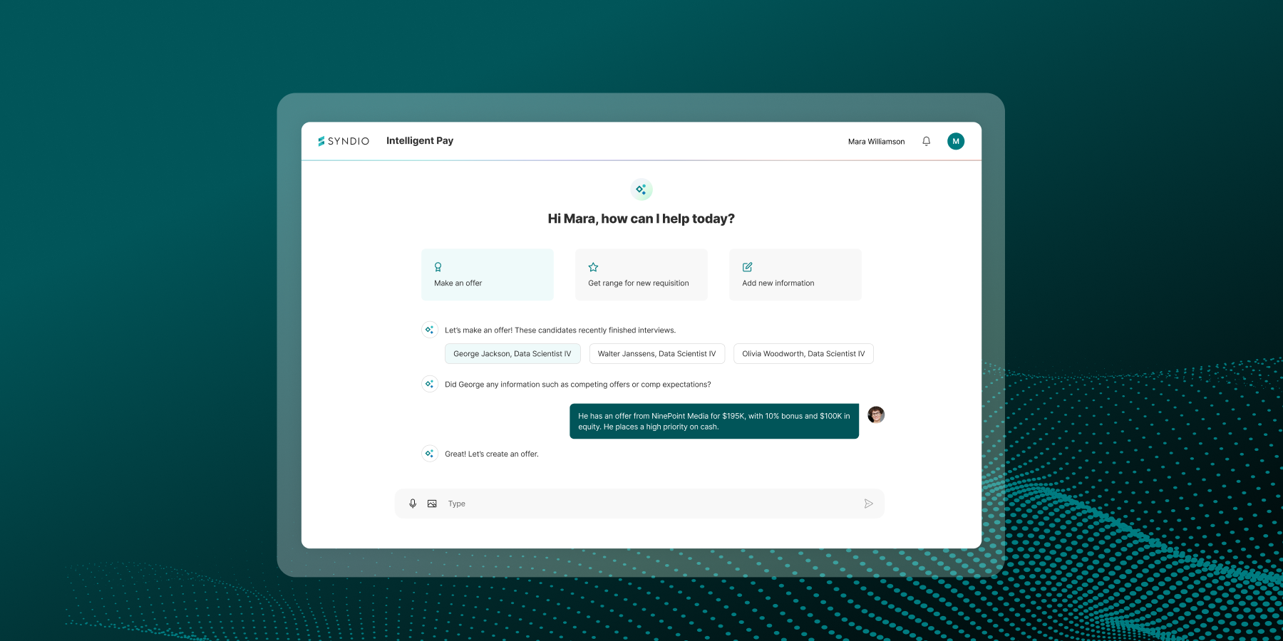 Intelligent Pay screenshot showing conversational interaction with AI