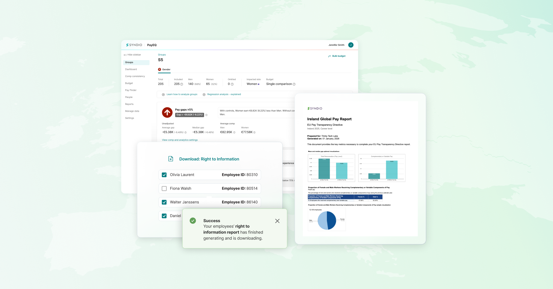 Screenshots of new Syndio features that streamline compliance with the EU Pay Transparency Directive