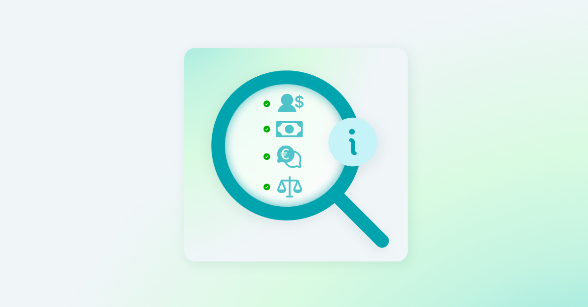 Image of magnifying glass with i for information and showing icons for pay.