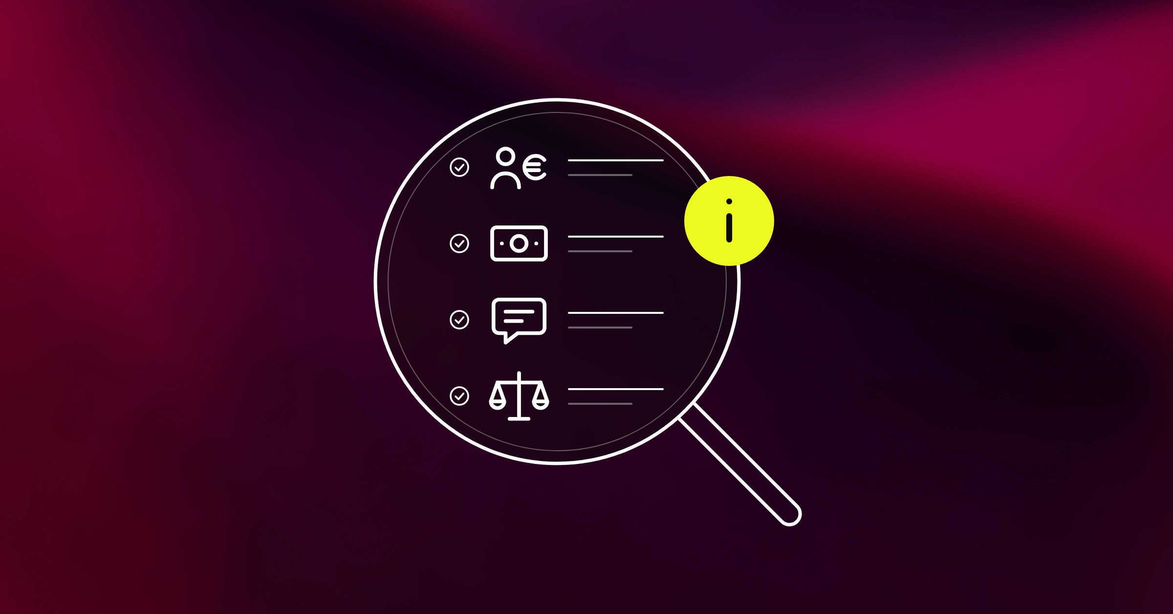 Image of magnifying glass with i for information and showing icons for pay.